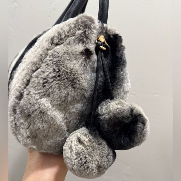 2 Tone Gradient Real Rex Rabbit Fur Boston Bag/Crossbody & 2 Fur Balls Charm - Picture 14 of 16